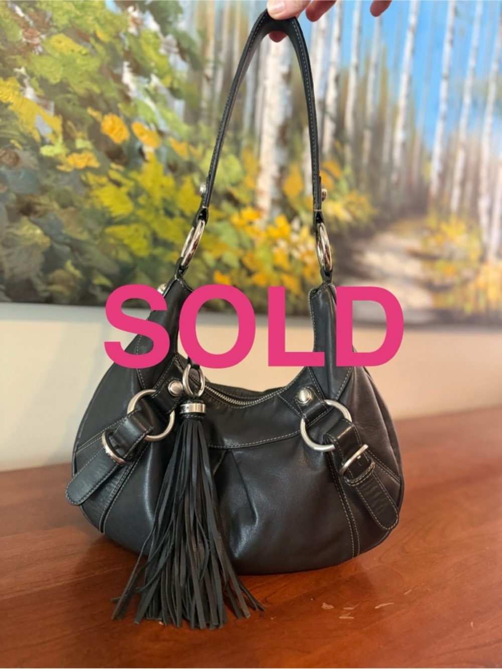 B. Makowsky Black Leather Soft Slouchy Shoulder Bag Tassel Moto Y2K City Style